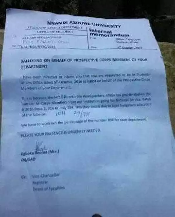 Photo; Nnamdi Azikiwe University graduates reportedly asked to ballot for a space in the NYSC call-up list
